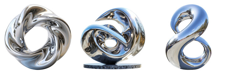 Modern Chrome Sculptures Set Isolated on Transparent or White Background, PNG