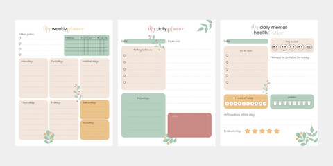 Bullet journal template. Weekly, daily planer. Mental health planer. Ready to print 8,5x11 in pages. Vector illustration - obrazy, fototapety, plakaty