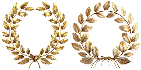 Golden Laurel Wreath Set Isolated on Transparent or White Background, PNG