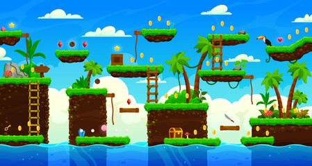 Arcade tropical island game level map, vector interface with palms and golden coins. Sea waves, green grass platforms and bonuses with traps and liana ladders in cartoon jungle arcade game template © Vector Tradition