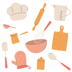 Vector set of kitchen utensils, whisk, rolling pin, oven mitt, measuring spoon and glass