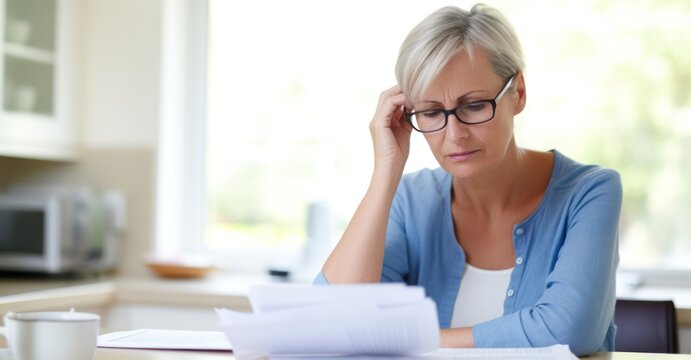 Portrait of worried woman with medical bills, highlighting healthcare costs."