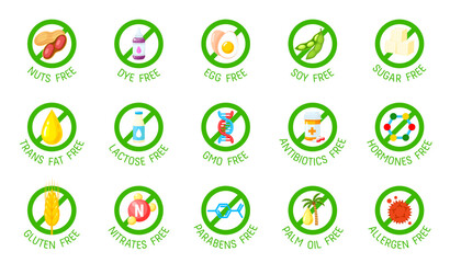 Sugar, gluten, GMO, lactose free icons and symbols. Bio safe agriculture product, hormones contain certification or natural food warranty vector seal. No DYE, eggs, soy free, sugar and trans fat signs