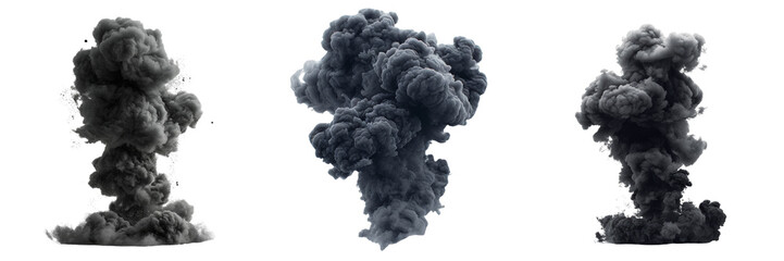 Black Smoke Cloud Explosion Set Isolated on Transparent or White Background, PNG