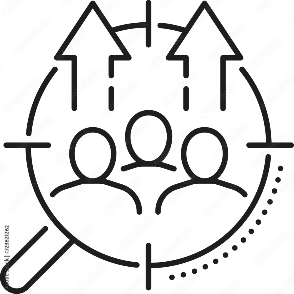 Fototapete Target audience growth, SEM search engine marketing vector line icon for media SEO. Target audience grow icon for web online content optimization and website SEM strategy for sales management