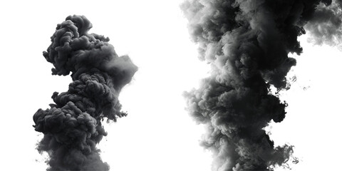 Dense Black Smoke Cloud Set Isolated on Transparent or White Background, PNG - obrazy, fototapety, plakaty