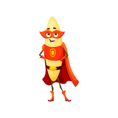 Cartoon orzo italian pasta superhero character. Isolated vector feminine and fun-loving super hero macaroni personage wear red defender cape and mask, ready to save the day with noodly powers