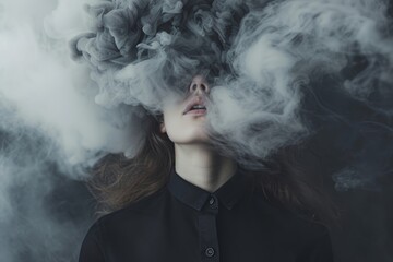 A mysterious woman exudes an air of darkness and intrigue as smoke billows from her face, shrouding her in a captivating aura