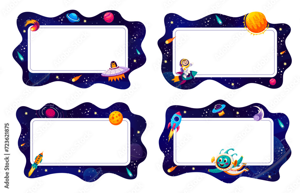 Poster cartoon frames with galaxy space landscape and funny characters of kid astronaut and alien. vector f