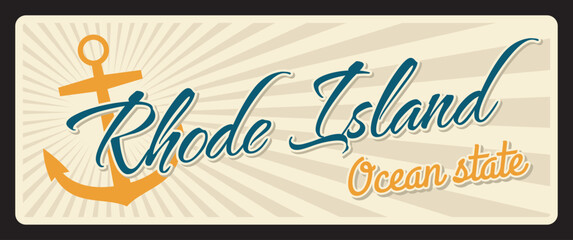 USA state old signs metal travel plate. Rhode island plaque with state symbol, landmark and inscription typography vector. American travel souvenir, anchor and sunny ancient state, Providence capital © Vector Tradition
