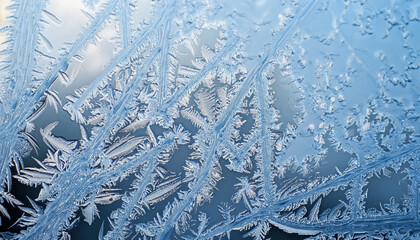 Winter frost patterns on glass. Ice crystals or cold winter background.