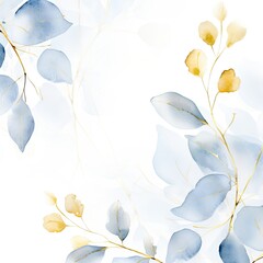 Aesthetic abstract design featuring leaves and watercolor-style blue and gold elements