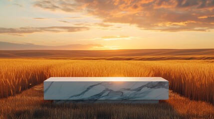 A sleek marble table set amidst golden wheat fields under a warm sunset sky