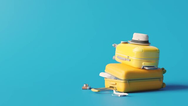 3d animation footage. luggage falling on blue background