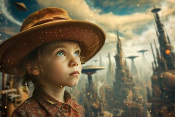 A curious child gazes in awe at the bustling city, their sun hat a fashionable accessory as they take in the painted faces and doll-like people around them