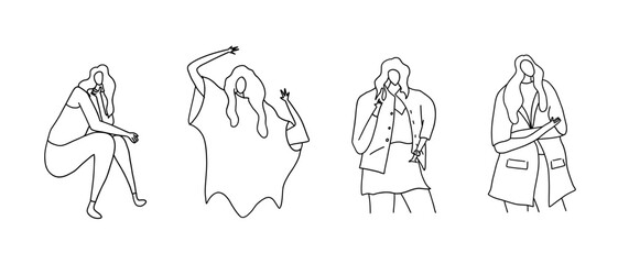 Stylish, minimalistic and modern fashion ladies set. Vector illustration in hand drawn outline doodle simple contour style isolated on white background. For poster, web site, presentation, wrapping.