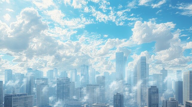 The bustling metropolis reaches for the sky, its towering buildings shrouded in a sea of fluffy clouds against the vibrant cityscape