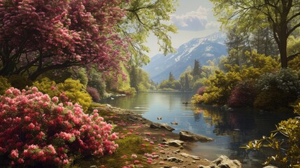 Serene Mountain Lake Surrounded by Blossoming Trees and Snow-Capped Peaks, Ducks Swimming Peacefully
