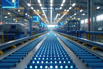 Modern industrial factory with automated machinery and conveyor belts for manufacturing and transportation. Blue steel machinery and equipment in empty warehouse modern production technology