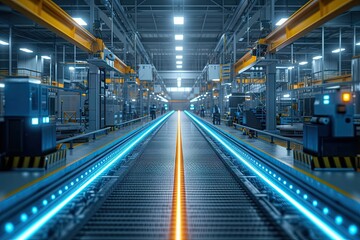 Modern industrial factory with automated machinery and conveyor belts for manufacturing and transportation. Blue steel machinery and equipment in empty warehouse modern production technology