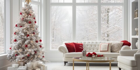 Bright living space adorned with classic holiday ornaments