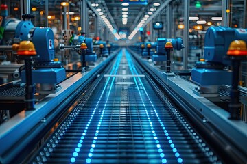 Fototapeta na wymiar Modern industrial factory with automated machinery and conveyor belts for manufacturing and transportation. Blue steel machinery and equipment in empty warehouse modern production technology