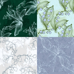 Seamless floral patterns with spring flowers Lily of the valley. Vector floral prints