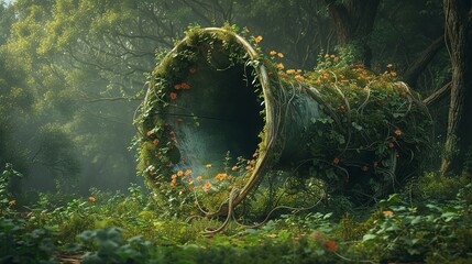 Enchanted forest concept with an old gramophone overgrown by nature, symbolizing music's timeless essence.