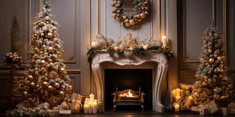 Festive hall with New Year decorations, cozy fireplace, and beautiful Christmas tree.