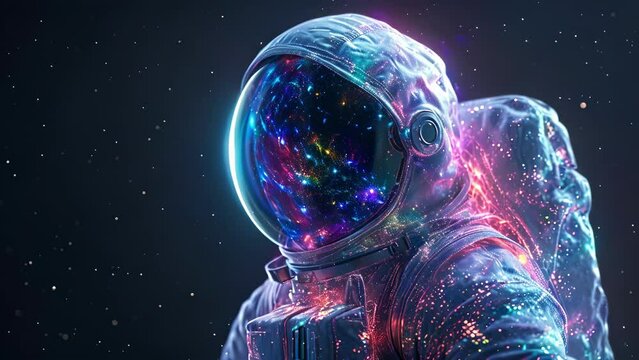 A bold and futuristic holographic portrait of a space explorer their suit glowing with intricate holographic patterns inspired by the mysteries of the universe.