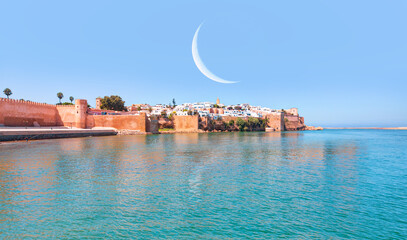 Kasbah of Udayas fortress with crescent in Rabat Morocco. Kasbah Udayas is ancient attraction of...