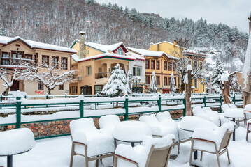 City of Florina and Sakoulevas river. Τhe beautiful city of north Greece with neoclassical buildings and the outstanding natural landscape.