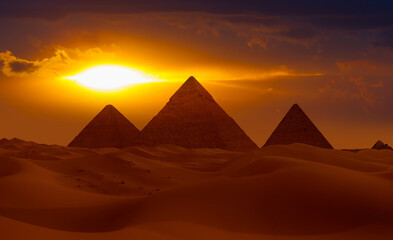 Eye of the god "Ra" - Giza Pyramid Complex at amazing sunset - Cairo, Egypt
