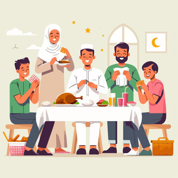 flat vector illustration of people breaking the fast. simple and minimalist design.  Illustration of Muslim families are breaking the fast together