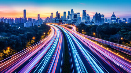 Urban Night Highway: Cityscape with Fast-Moving Traffic and Light Trails, Perfect for Modern Transportation and Architecture - obrazy, fototapety, plakaty