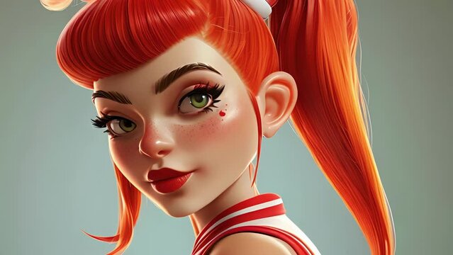 Cartoon digital avatars of Tumbling Tina A fierce cheerleader with a red ponytail and bold makeup, exeing flawless tumbling passes and stunts.