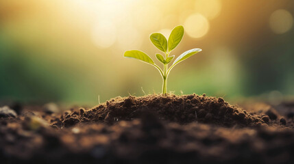 Seedling are growing from the rich soil with morning sunlight. Earth day, Development, Green business, Net Zero, Finance and saving money for sustainability investment.