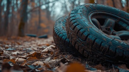 Abandoned tire wheels left behind. - obrazy, fototapety, plakaty