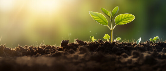 Young tree or Seedling are growing from the rich soil with morning sun light. Earth day, Development, Green business, Net Zero, Finance and saving money for sustainability investment.  Banner design - obrazy, fototapety, plakaty