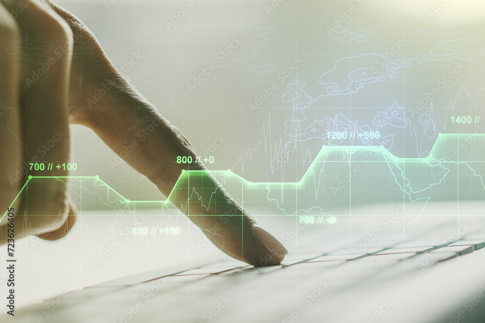 Poster multi exposure of stats data illustration with hands typing on computer keyboard on background, comp