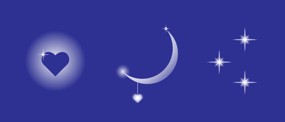 Obraz na płótnie Canvas Moon, crescent, stars and hearts on blue sky. Set of heavenly fairy-tale objects. Vector illustration, templates.