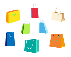 Bright colored shopping bags. Set of six bags isolated on a white background. Flat style, editable stroke. Vector illustration. Design for print, social media, posters, postcard.