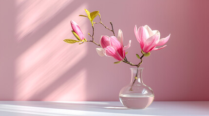 Beautiful pink magnolia flower in transparent glass vase, copy space, generative ai