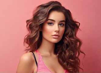 Naklejka premium Beautiful young woman in tank swimsuit on pink background from Generative AI