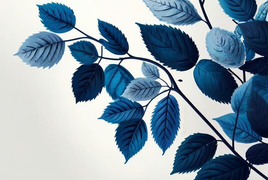 Blue leaves border isolated on white artistic background from Generative AI