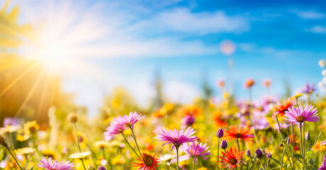 Obraz na płótnie Canvas Colorful flower meadow with sunbeams and blue sky