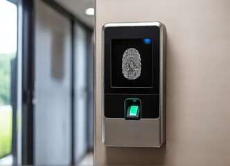 Naklejka premium Finger print scan access control system machine on wall near entrance door from Generative AI