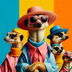 Creative animal concept. Meerkat in a group, vibrant bright fashionable outfits isolated on solid background advertisement, copy text space. birthday party invite invitation banner