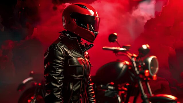 Rider Rebel A tough and fearless biker in a sleek, black leather jacket, with a fierce red motorcycle helmet and a shining black motorcycle in the background.