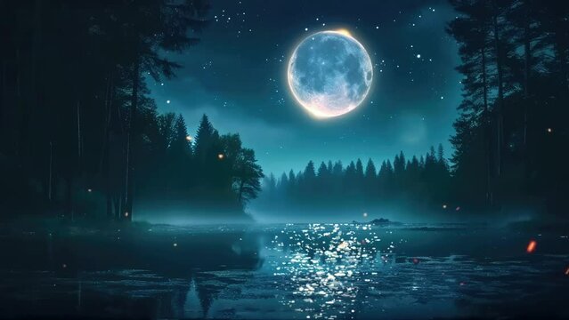 Silent Night Landscape with Super Moon, Dark Forest, Stars and Water Reflection. Cartoon or Anime Illustration Style. Seamless Looping 4 K Time-Lapse Animation Background